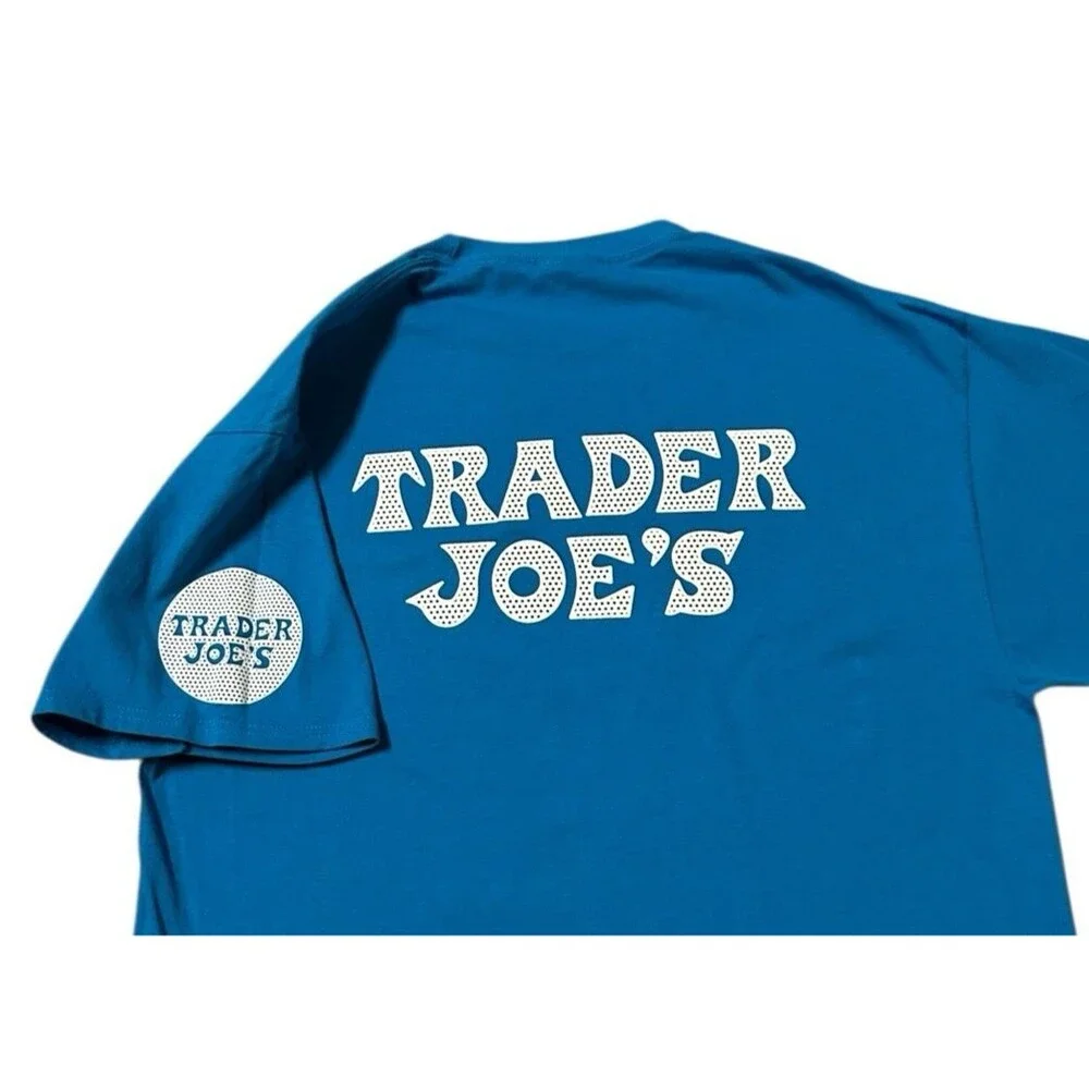 Trader Joes T-shirt L torquoise blue grocery store employee crew market